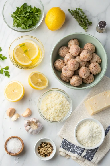 Flat lay of lemon chicken ricotta meatball ingredients including raw meatballs, fresh lemons, ricotta cheese, parsley, garlic, and seasonings arranged on white marble surface