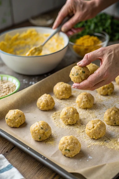 Hands shaping raw lemon chicken ricotta meatball mixture into uniform balls on parchment-lined baking sheet with mixing bowl visible in background