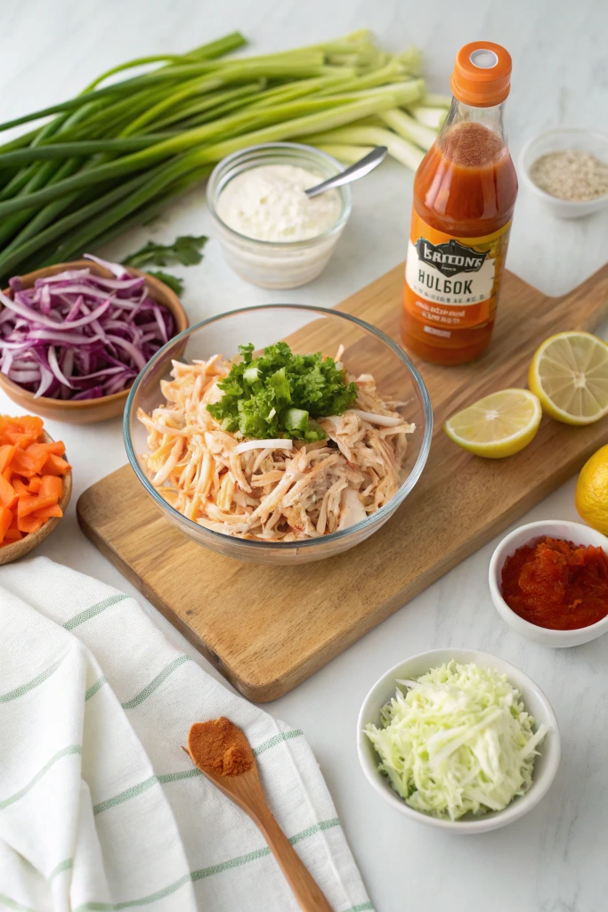Overhead view of buffalo chicken salad ingredients including shredded chicken, fresh celery, green onions, buffalo sauce bottle, sliced red onion, diced carrots, mayonnaise, lemon halves, and seasonings arranged on marble counter