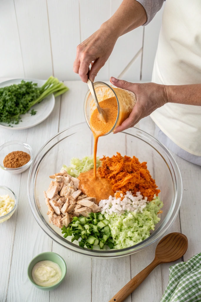 Hands pouring creamy orange buffalo sauce from a glass bowl into a large mixing bowl filled with shredded chicken, diced celery, shredded carrots, and chopped onions on a white wooden table