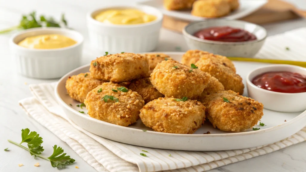 Golden brown baked chicken nuggets on white plate with dipping sauces including ketchup and honey mustard