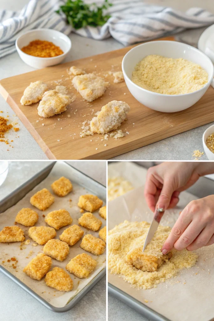 Step-by-step process of making baked chicken nuggets showing coating chicken pieces in breadcrumbs and arranging on baking sheet