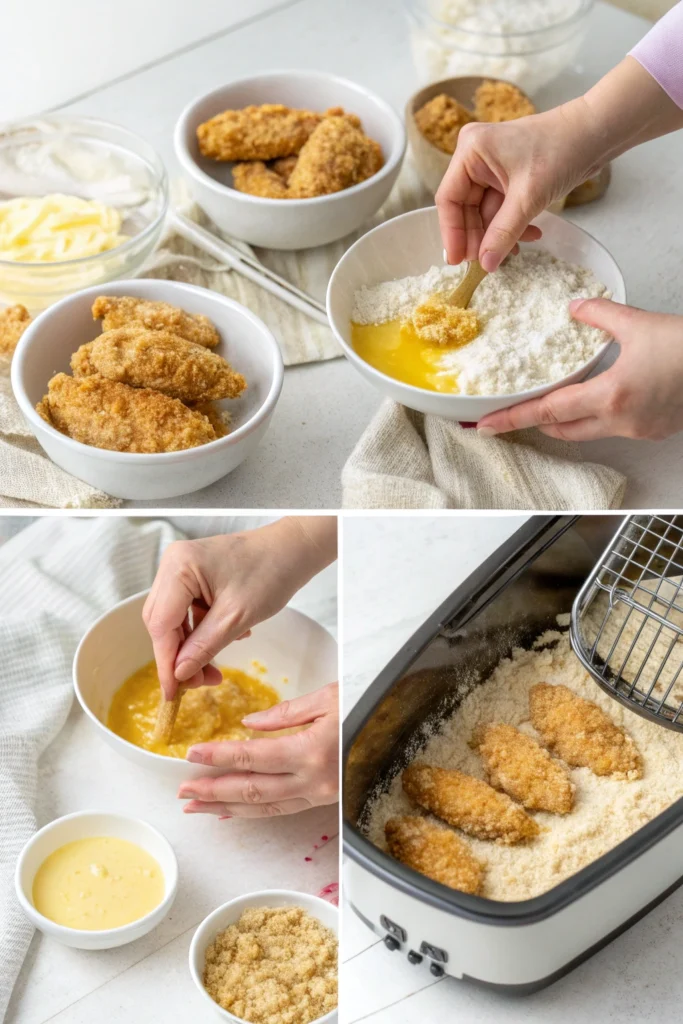 Step-by-step coconut chicken tender preparation: hands dipping breaded chicken in flour and egg wash, then placing coated tenders in air fryer basket