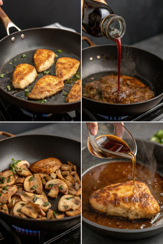 "Four-panel cooking process showing Classic Chicken Marsala preparation - pan-seared golden chicken, Marsala wine being poured, sautéed mushrooms, and final plated dish with rich brown sauce