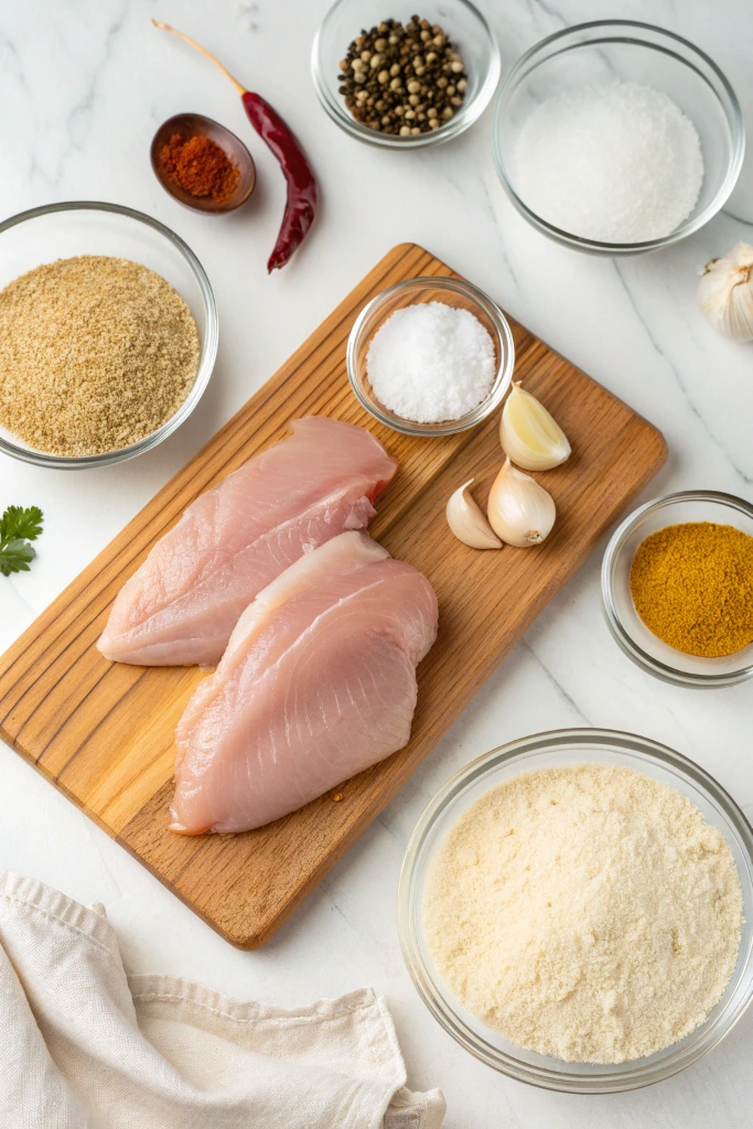 Baked chicken nuggets ingredients laid out on marble counter including raw chicken breasts, panko breadcrumbs, flour, eggs, and spices