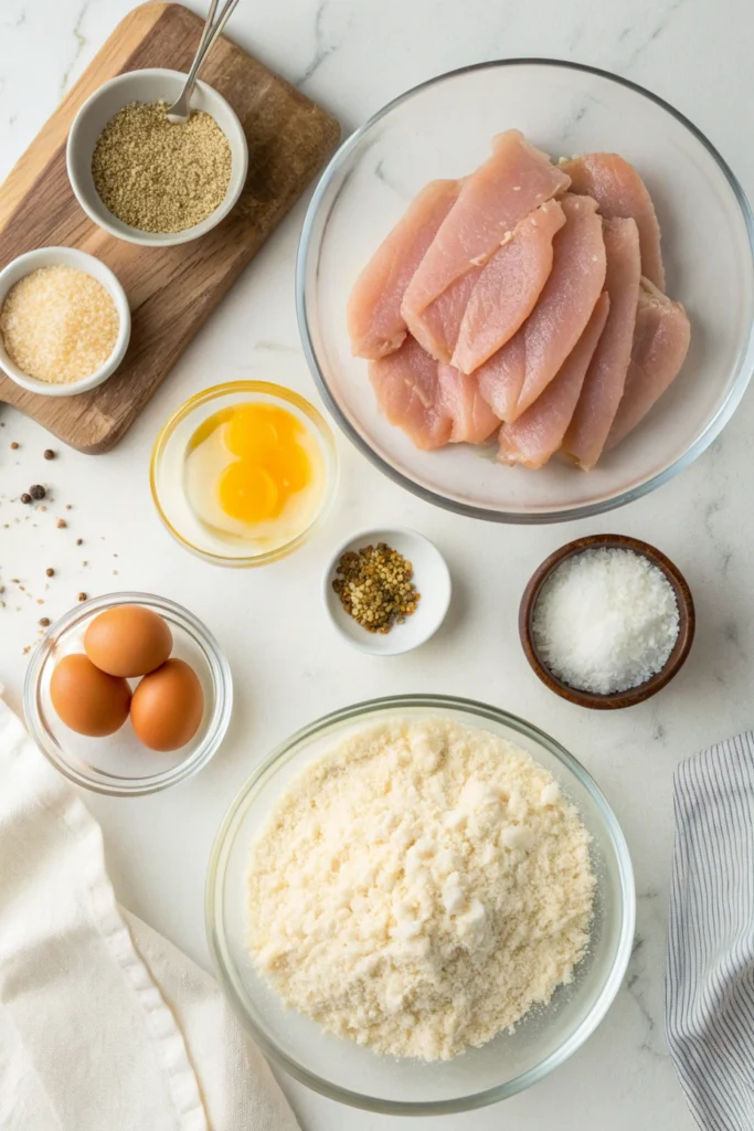 Coconut chicken tender ingredients arranged on marble counter: sliced raw chicken breast, beaten eggs, flour, panko-coconut mixture, whole eggs, and seasonings in various bowls