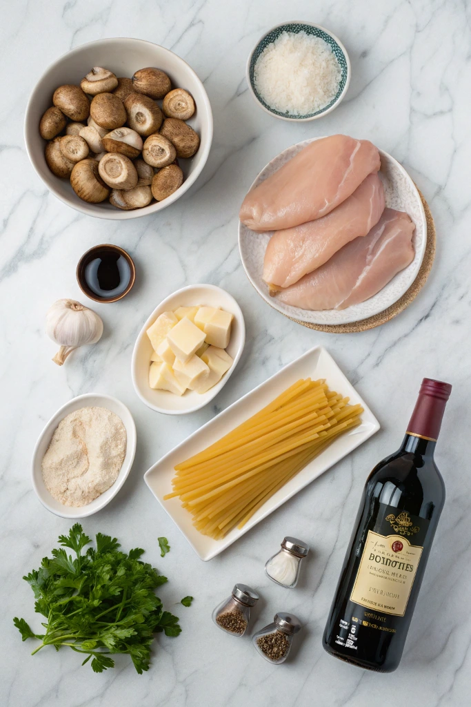 Classic Chicken Marsala ingredients flat lay on marble surface - raw chicken breasts, Marsala wine bottle, fresh mushrooms, butter, flour, garlic, parsley, and seasonings