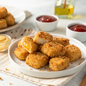 Golden crispy baked chicken nuggets on white plate with ketchup and honey mustard dipping sauces, one nugget broken to show tender interior